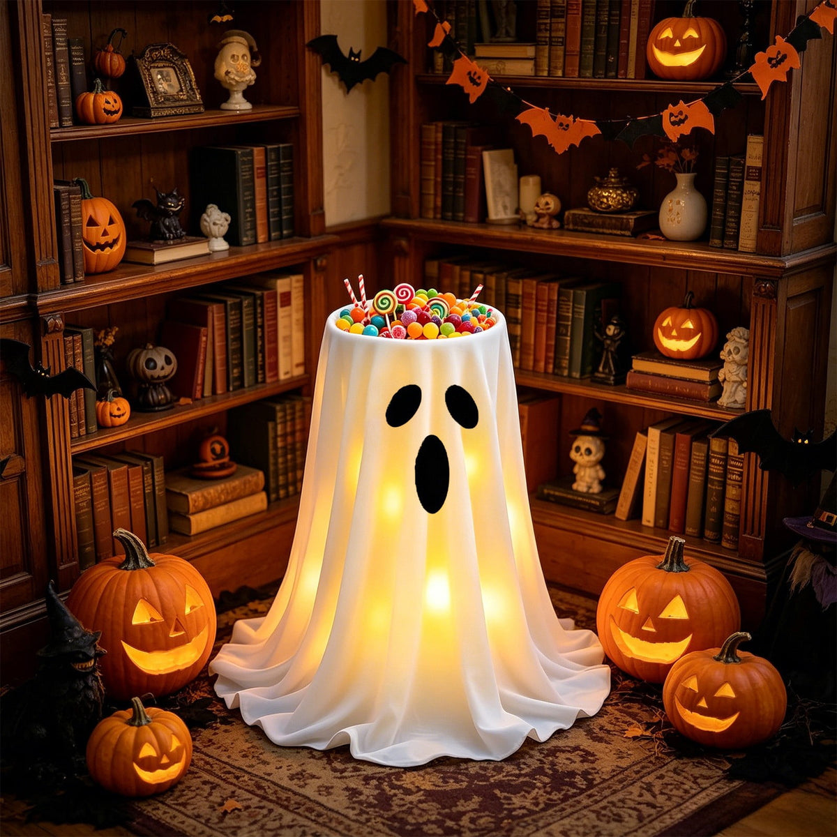 Halloween Ghost Candy Bowl Large Light Up Floor Stand with Remote Control for Halloween Party Treat Display and Trick Or Treat Setup