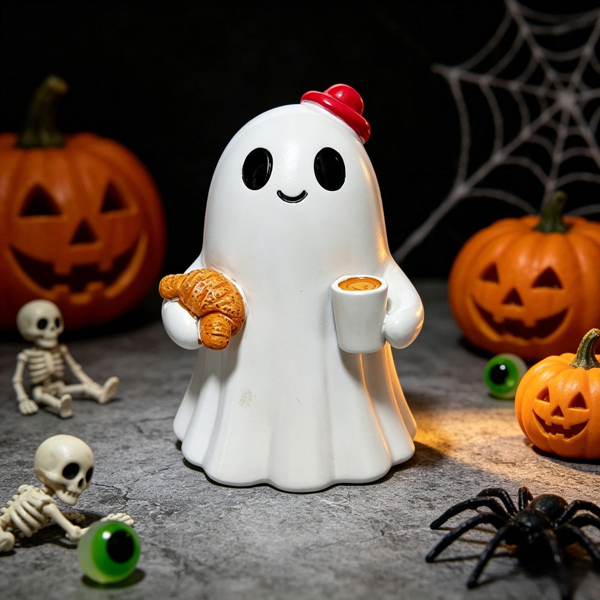 Halloween Ghost Figurine, Resin Lighted Ghost Ornament with Pumpkin Lantern & Beverage Cup, Tabletop Halloween Indoor Decor
