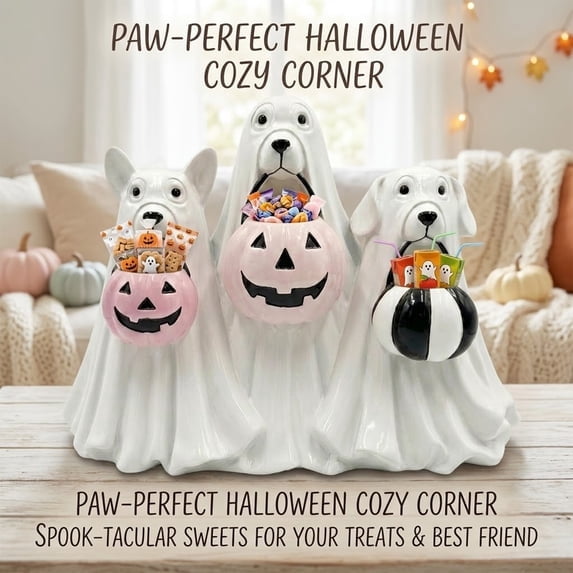 Ghost Dogs Figurine with Pumpkin Candy Bowl, Outdoor Safe Halloween Figurine Indoor Halloween Table Decor Halloween Decorations Indoor