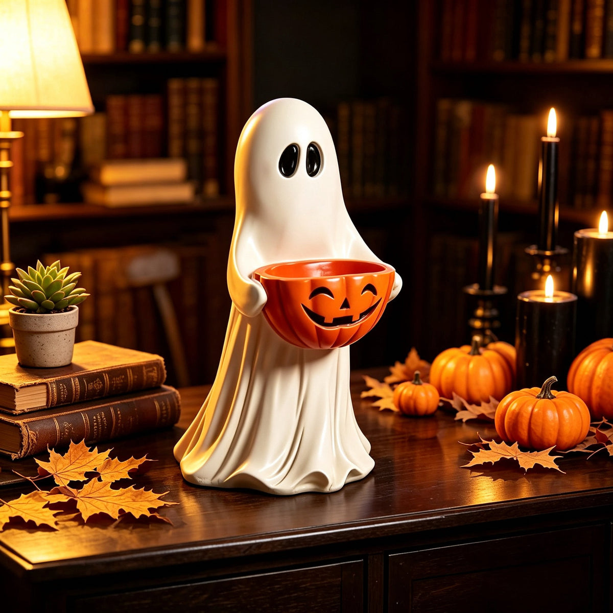 Halloween Ghost Statue with Jack-o-Lantern Pumpkin Candy Bowl, White Resin Ghost Figurine, Tabletop Candy Holder Ornament, Spooky Halloween Gift for Porch Yard Patio Indoor Home Party
