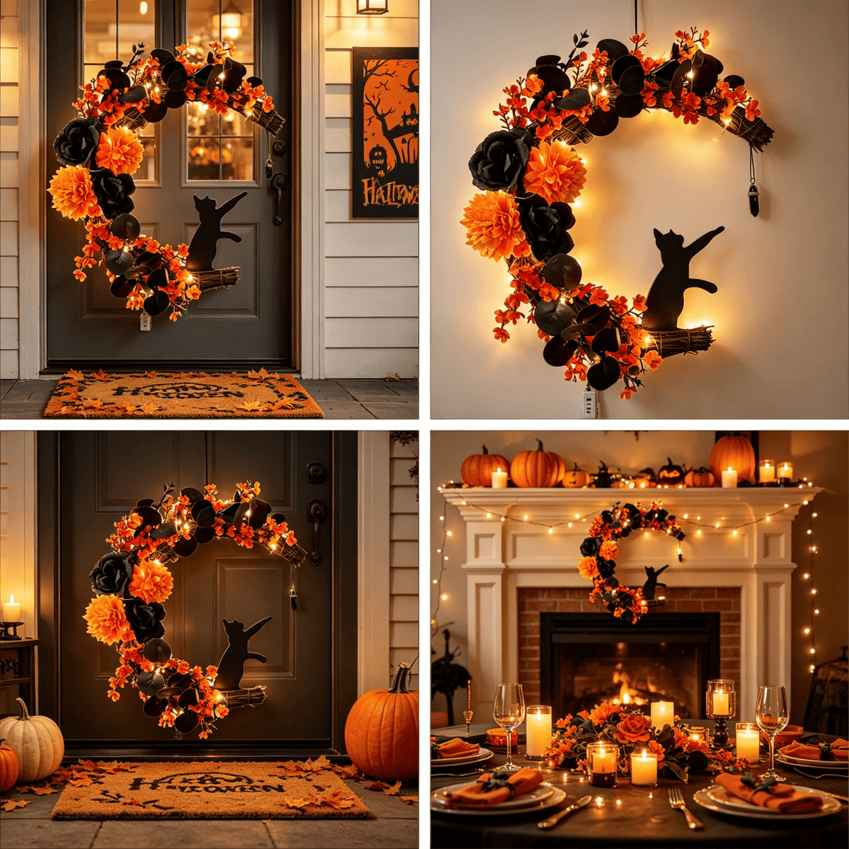 Halloween Wreath for Front Door with Lights, 14 Inch Black Cat Crescent Moon Wreath, Spooky Halloween Decoration with Orange Marigolds and Black Roses, Perfect for Home and Halloween Party Decor