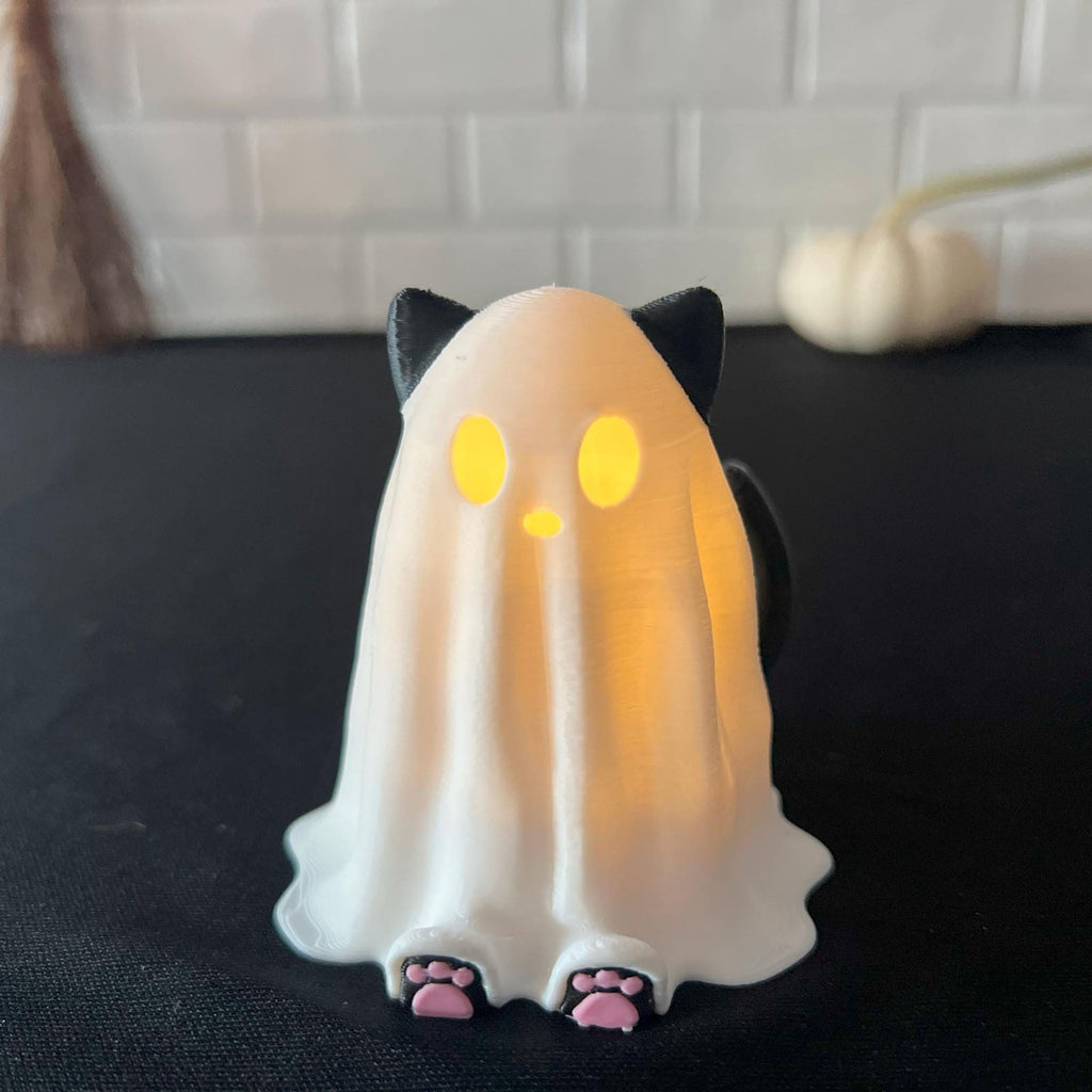Halloween Ghost Figurine, Resin Lighted Ghost Ornament with Pumpkin Lantern & Beverage Cup, Tabletop Halloween Indoor Decor