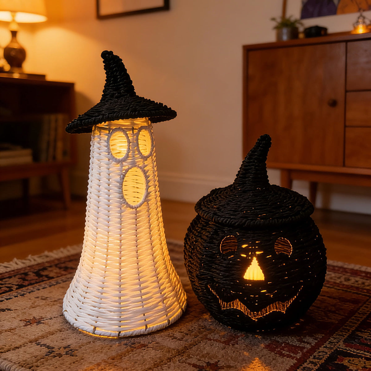 Handwoven Rattan Ghost Lantern with Witch Hat - 13.78 Inch White Wicker Ghost Decor, Light Up Halloween Decorations for Indoor Outdoor, Porch, Patio, Spooky Home Decor, Fall Harvest