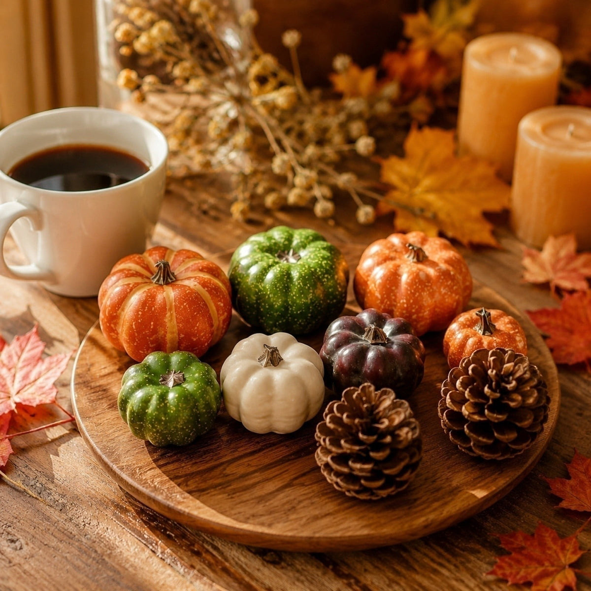 9 PCS Thanksgiving Artificial Pumpkins and Gourds Set - Fall Decorations for Home 7 Fake Pumpkins, 2 Pinecones for Fall Halloween Table Centerpieces