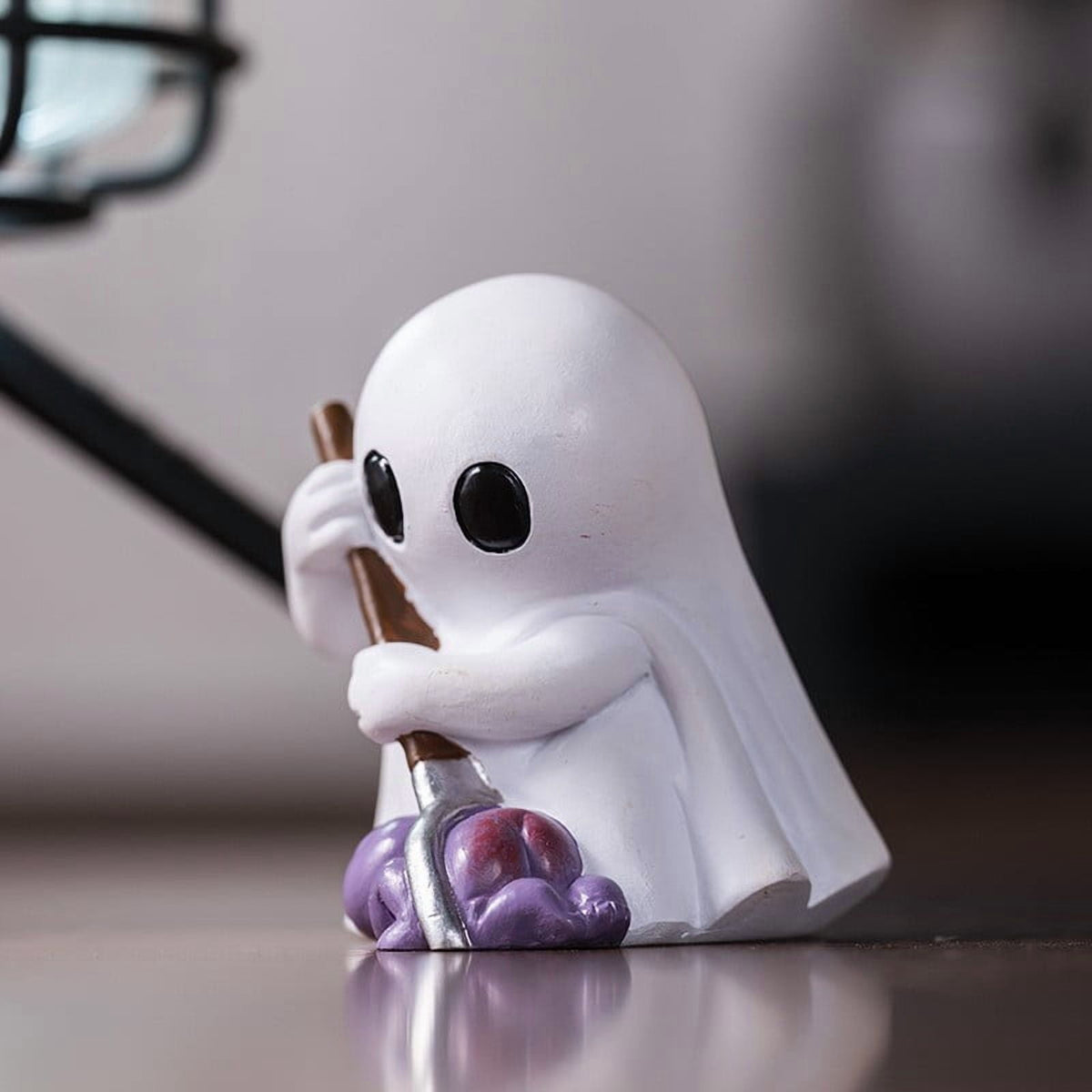 Halloween Ghost Figurine, Resin Lighted Ghost Ornament with Pumpkin Lantern & Beverage Cup, Tabletop Halloween Indoor Decor
