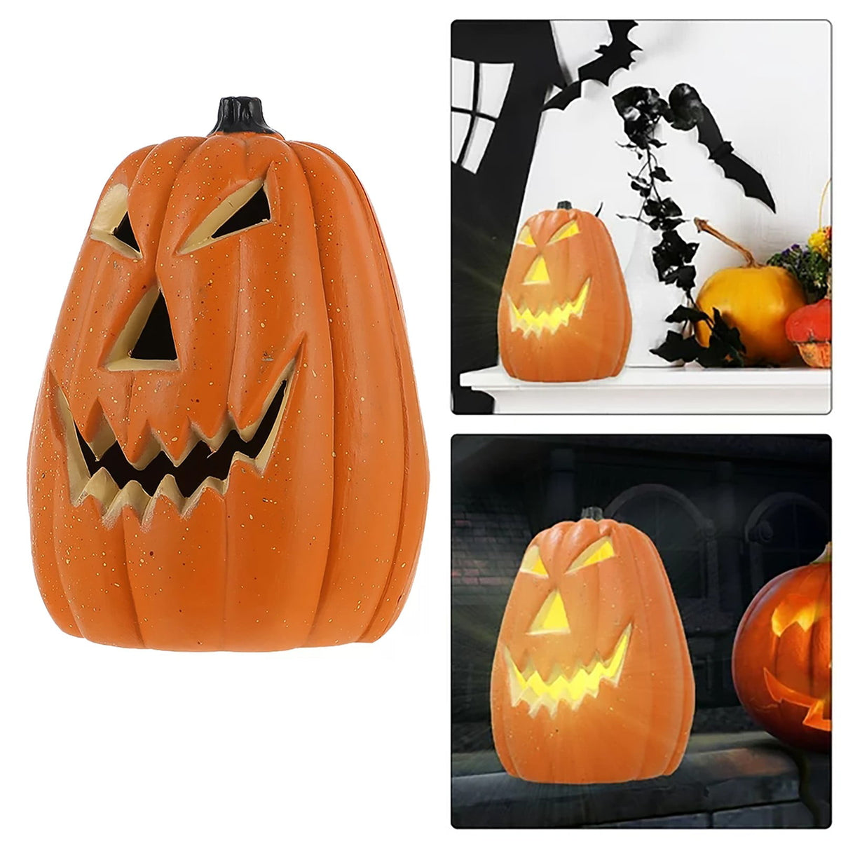 QYROS Spooky LED Light-Up Halloween Pumpkin Decoration with Glitter Finish for Indoor and Outdoor Use, 12-Inch