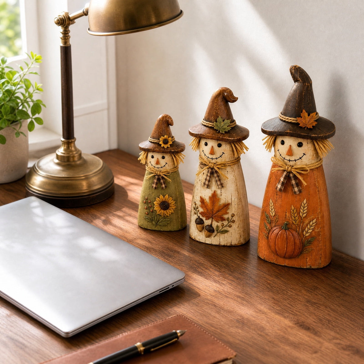 Set of 3 Vintage Distressed Wooden Scarecrow Figurines,Fall Harvest Tabletop Decor,Farmhouse Autumn Pumpkin Maple Sunflower Statues for Mantel Shelf Home Display