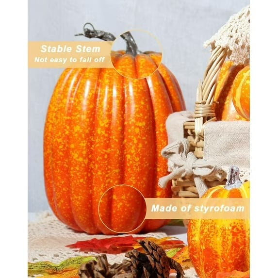 CQHVKQ 7PCS Fake Pumpkins Foam Decor Set, Fall Pumpkins Decoration from Sizes 1.9" to 7.5", Artificial Styrofoam Pumpkins for Table Centerpieces, Fall, Thanksgiving & Halloween DIY, Orange