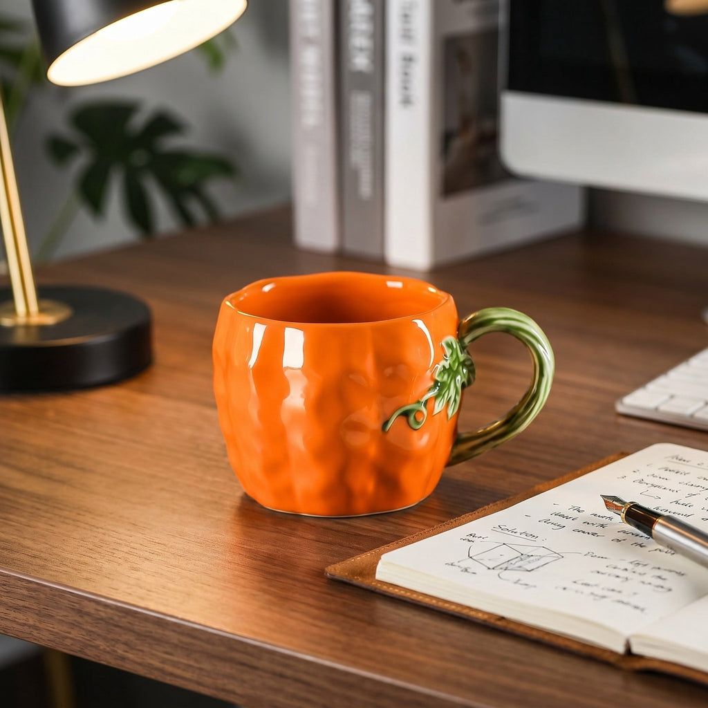 Cute Pumpkin Handmade Ceramic Mug with Dust Lid, Thanksgiving Halloween Coffee Cup for Office, Creative Water Cup Holiday Gift for Friends Family Coworkers Kitchen Home Decor