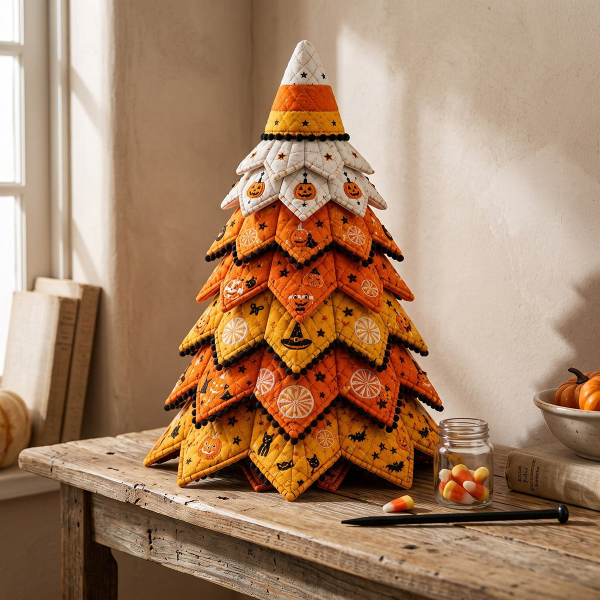 Lypsnake DIY Halloween Quilted Fabric Tree Kit, Vintage Pumpkin Sunflower Patchwork, 3D Padded Sewing Craft Project for Autumn Harvest Decor