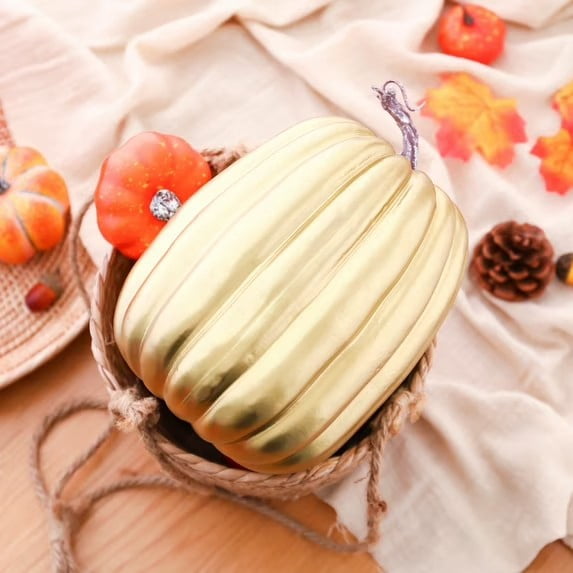 CQHVKQ 8 Inch Large Artificial Pumpkin Fall Decorations, Realistic Fake Harvest Pumpkin, Orange Gold Decorative Pumpkins for Table Centerpieces, Fall, Thanksgiving & Halloween DIY
