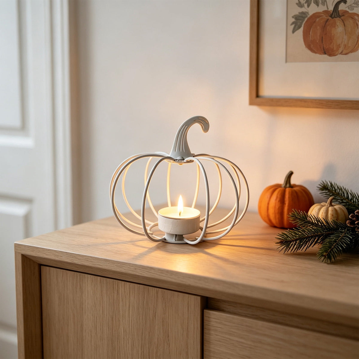 romoty Metal Wire Pumpkin Candle Holder, Vibrant Orange Iron Tealight Stand Tabletop Centerpiece Accent Halloween Thanksgiving Fall Harvest Dining Room Decoration