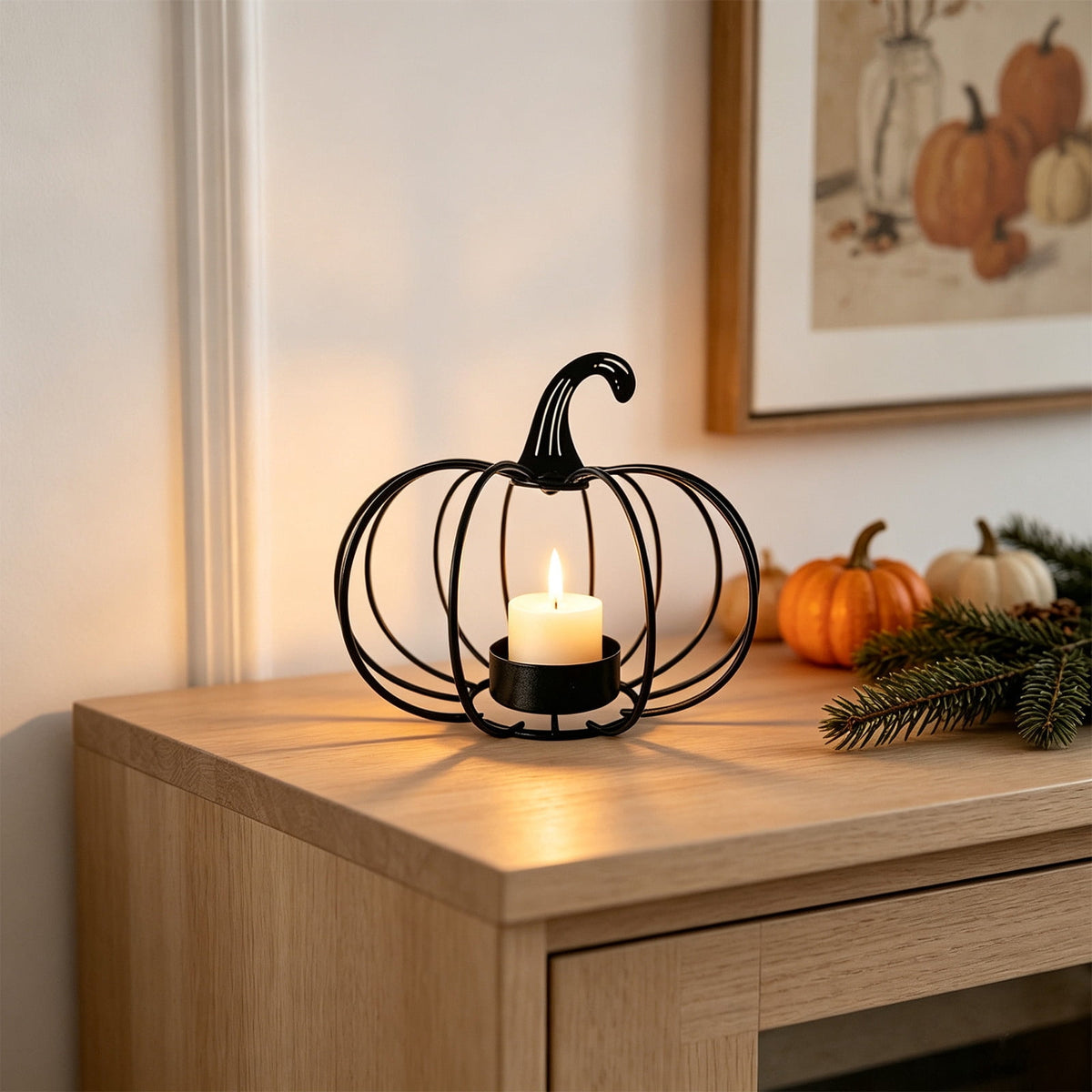 romoty Metal Wire Pumpkin Candle Holder, Vibrant Orange Iron Tealight Stand Tabletop Centerpiece Accent Halloween Thanksgiving Fall Harvest Dining Room Decoration
