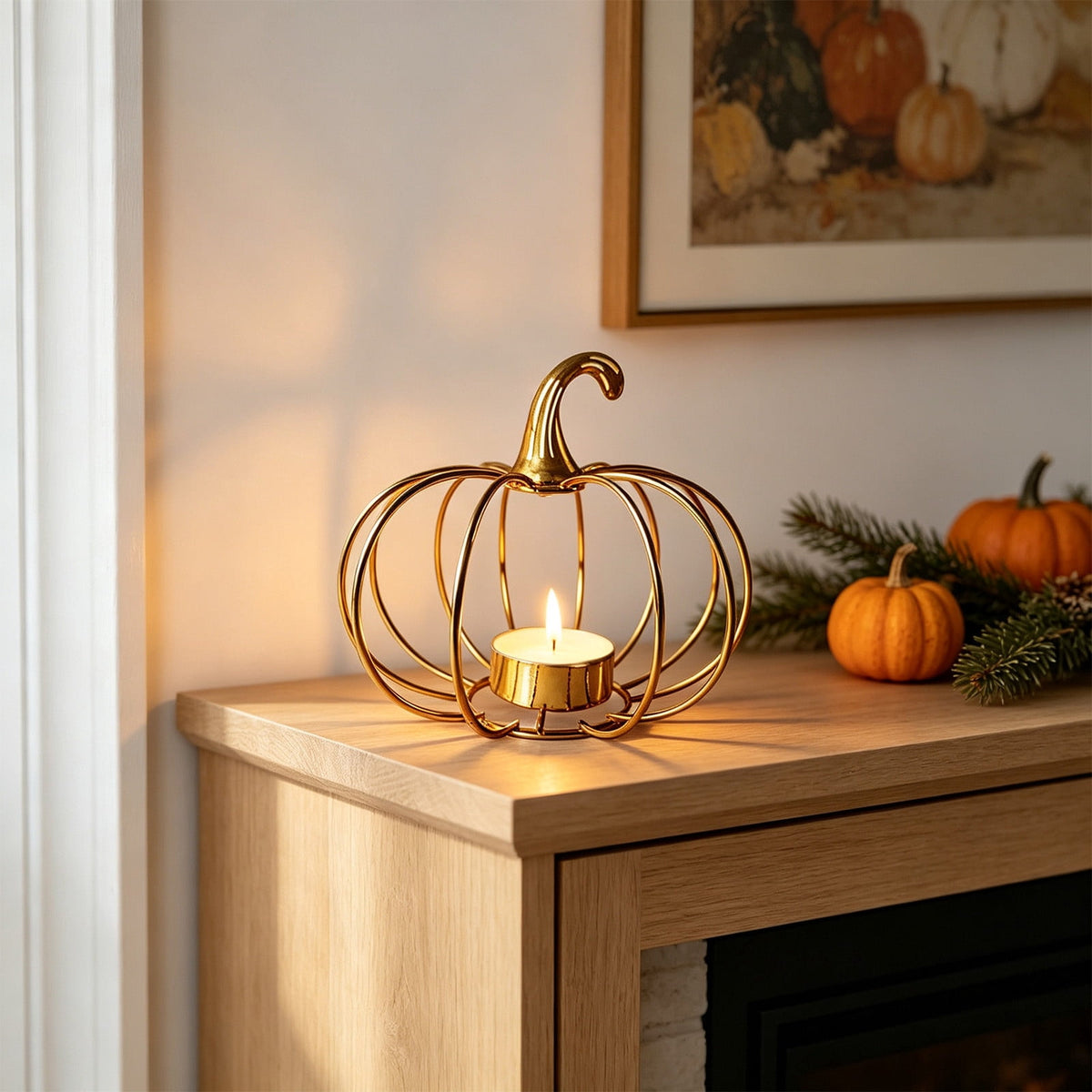 romoty Metal Wire Pumpkin Candle Holder, Vibrant Orange Iron Tealight Stand Tabletop Centerpiece Accent Halloween Thanksgiving Fall Harvest Dining Room Decoration