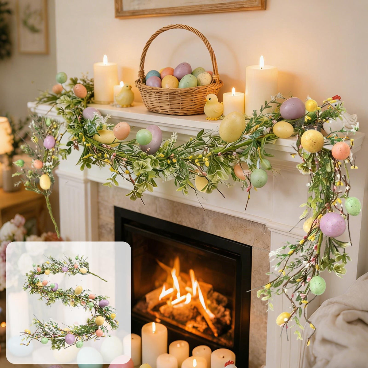 yulier Artificial Garland 70.86 inch Spring Garland with Flowers, Faux Vines Floral Hanging Garland for Holiday Wedding Spring Home Party Window Door Fireplace Table Indoor Outdoor Decor
