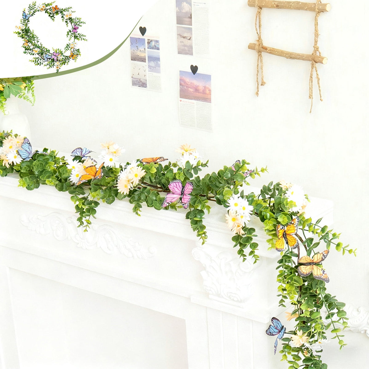 yulier Artificial Garland 70.86 inch Spring Garland with Flowers, Faux Vines Floral Hanging Garland for Holiday Wedding Spring Home Party Window Door Fireplace Table Indoor Outdoor Decor